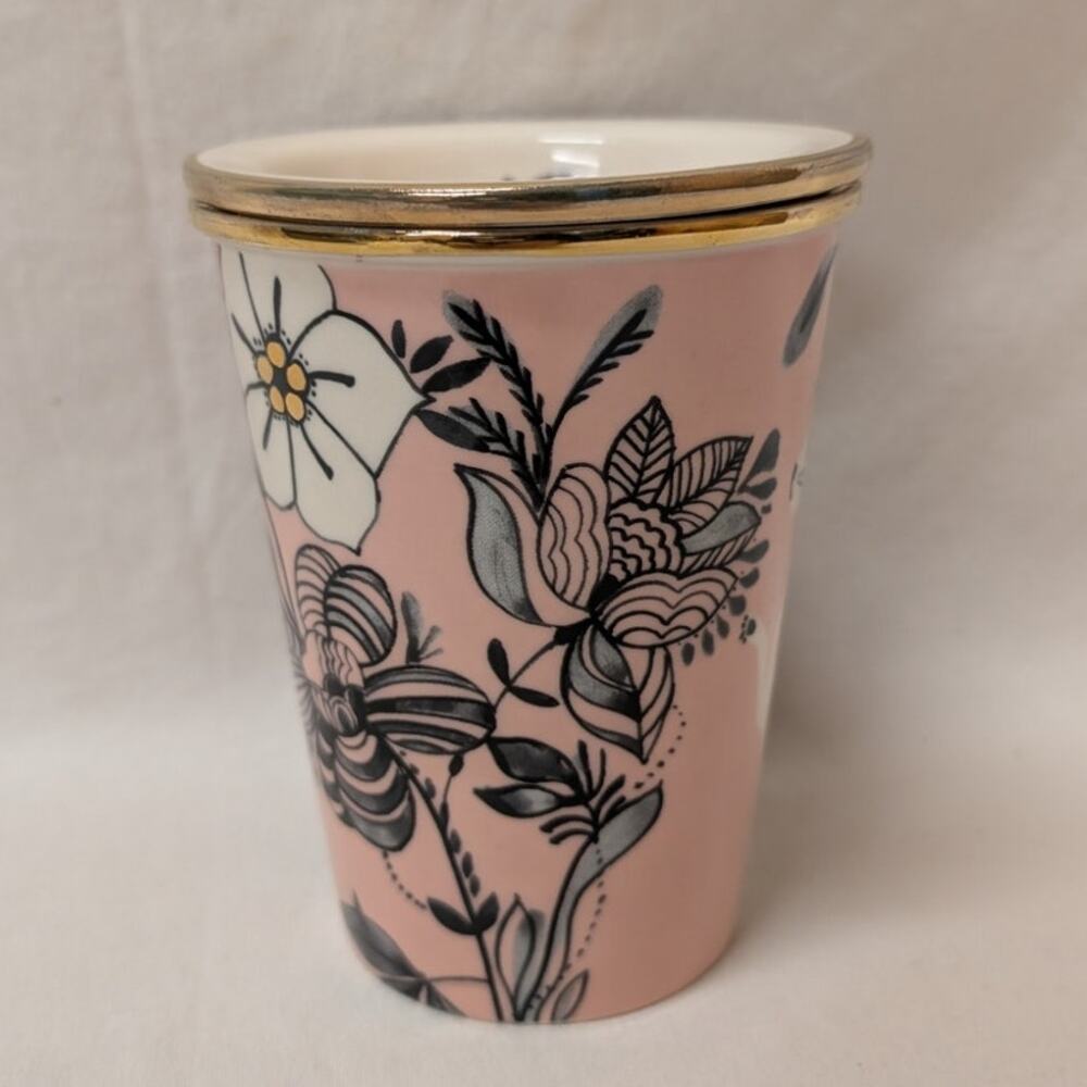 Anthropologie Travel Mug Well-Wishing Cat & Floral Ceramic